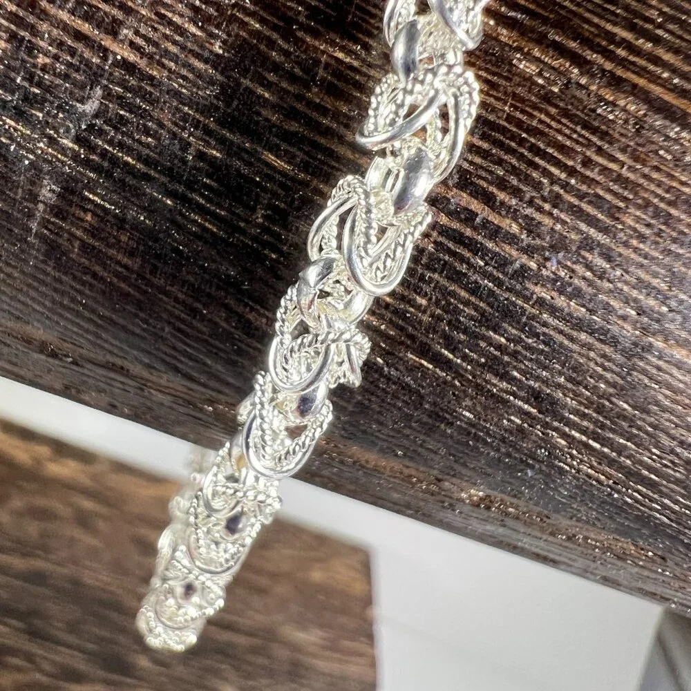 Sterling Silver Intricate Rope-Style Link Bracelet 925 With Lobster Claw Clasp - Picture 2 of 3